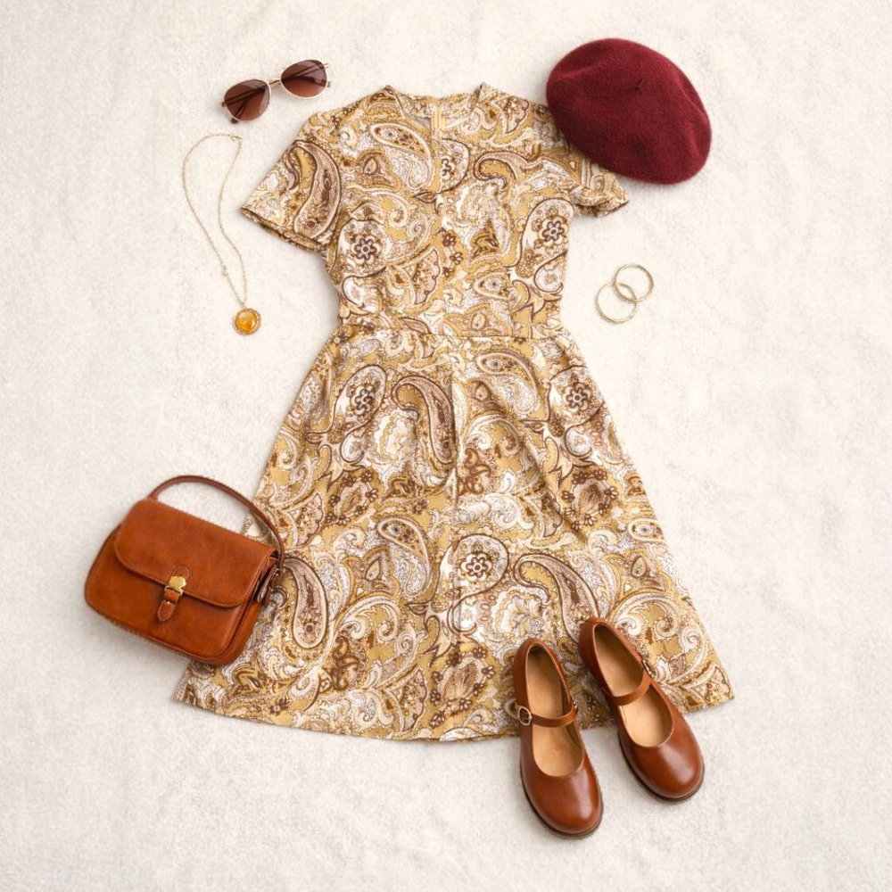 Vintage 60s 70s Paisley Tan Brown Polyester Dress